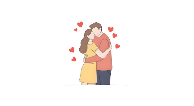 Illustratie van een koppel dat knuffelt met rode harten op de achtergrond
