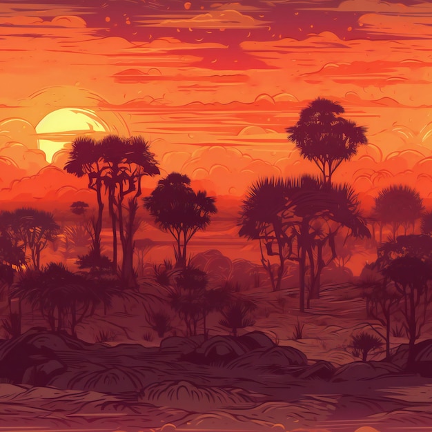 Illustratie van een landschap met bomen en de zon op de achtergrond.