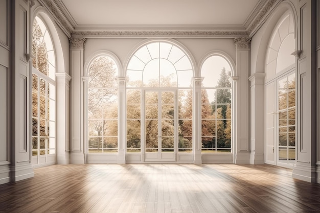 Illustratie van een lege kamer met natuurlijk licht dat binnenkomt door grote ramen en warme houten vloeren Generatieve AI
