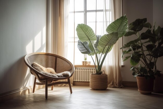 Illustratie van een lege kamer met natuurlijk licht dat door grote ramen naar binnen stroomt en een tegelvloer met een patroon Generatieve AI