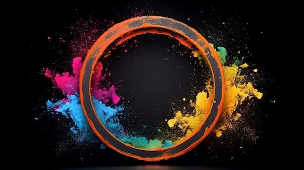 Illustratie van een levendig gekleurde poedercirkel op een donkere achtergrond