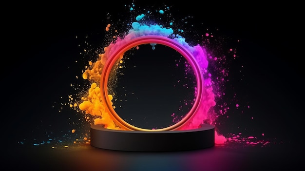 Illustratie van een levendig gekleurde poedercirkel op een donkere achtergrond