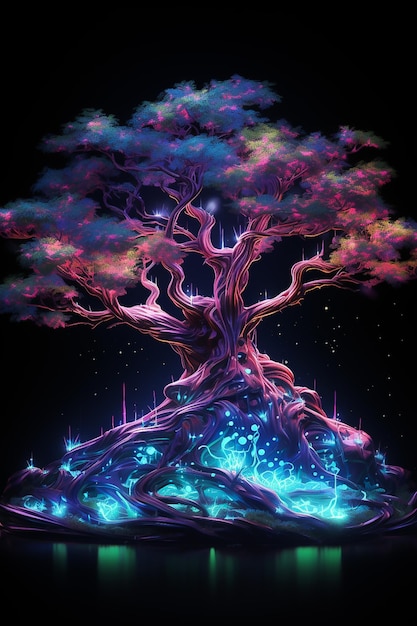 Foto illustratie van een magische boom op een zwarte achtergrond