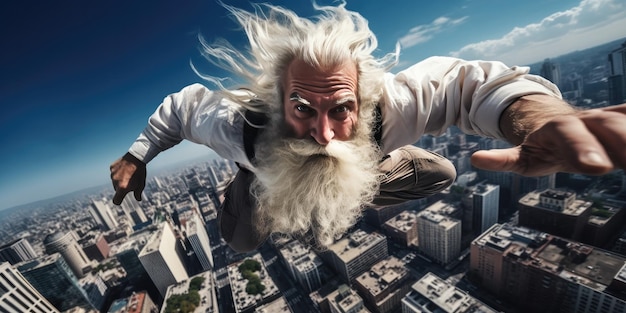 Foto illustratie van een man die boven de stad vliegt generatieve ai