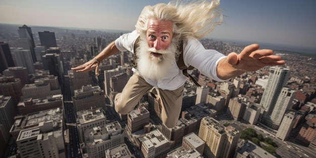 Foto illustratie van een man die boven de stad vliegt generatieve ai