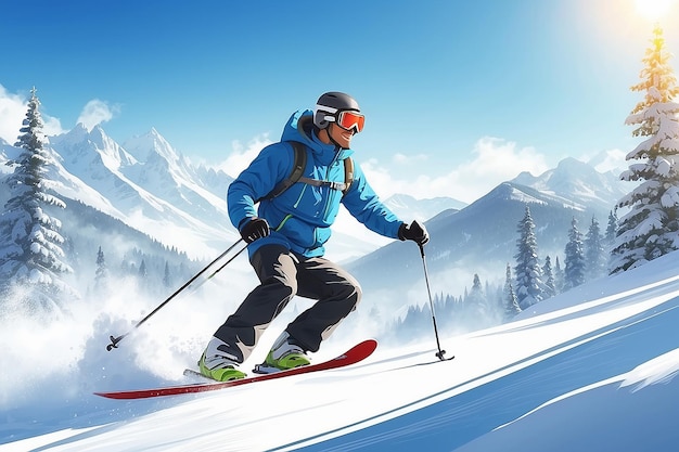 Illustratie van een man die in de winter op een zonnige dag skiet.