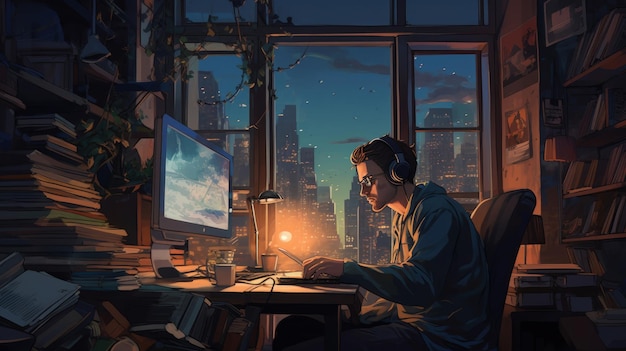Illustratie van een man die 's avonds laat in zijn kamer studeert