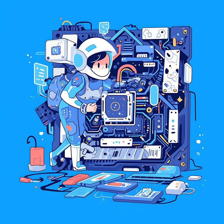 Foto illustratie van een man in een ruimtepak die aan een computer werkt