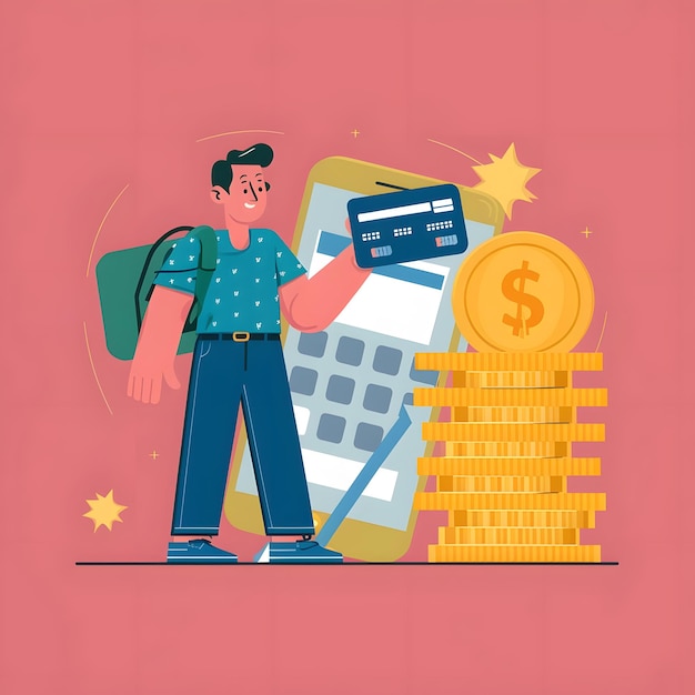 illustratie van een man met een creditcard en een stapel munten naast een telefoon