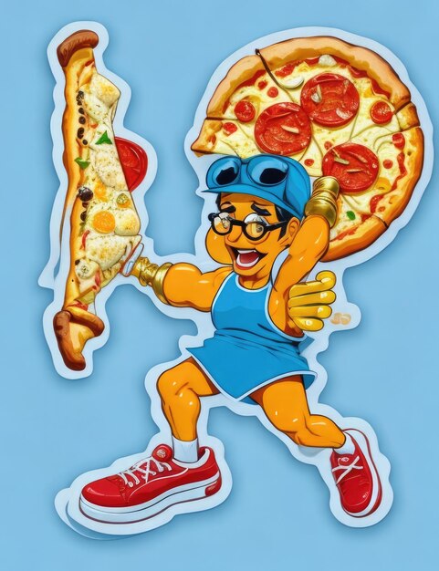 Foto illustratie van een man met een honkbalpet en een bril die een pizza vasthoudt