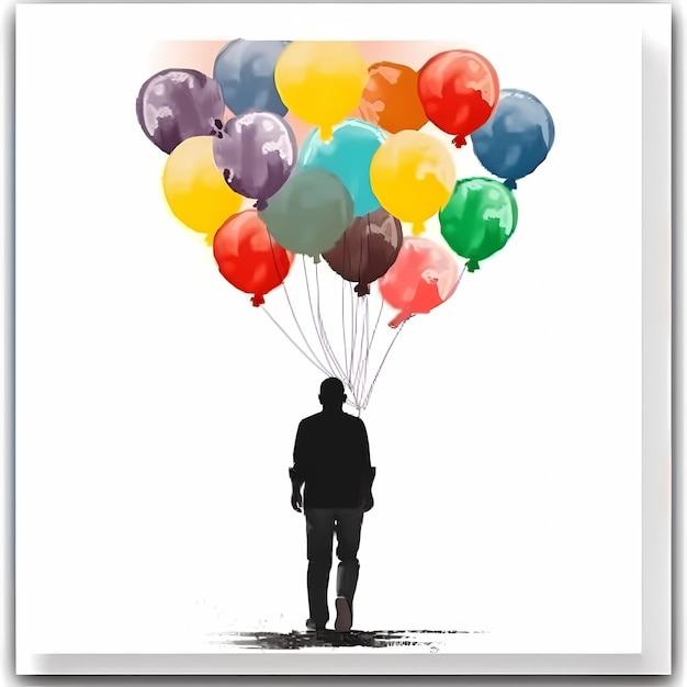 Illustratie van een man met kleurrijke ballonnen die in de lucht vliegen eenvoudige achtergrond schoon ontwerp