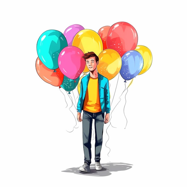 Illustratie van een man met kleurrijke ballonnen die in de lucht vliegen eenvoudige achtergrond schoon ontwerp