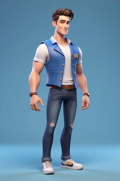 Foto illustratie van een mannelijk model met een blauw vest met de tekst clothes make the man