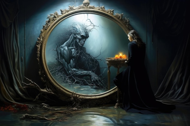 Illustratie van een meisje dat een magische sessie doorbrengt en in een grote spiegel kijkt en een monster ziet in plaats van een weerspiegeling het concept van eerlijk zijn tegenover jezelf