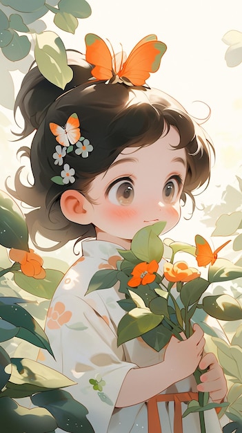 Illustratie van een meisje dat in de lente tussen bloemen speelt conceptuele illustratie van het begin van de lente