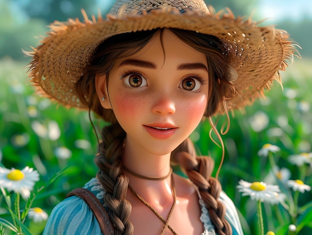 Illustratie van een meisje met grote ogen die een strohoed draagt en een veld van bloemen generatieve ai