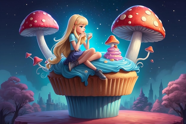 Illustratie van een meisje met lang blond haar dat in een denkende houding zit op een enorme cupcake die lijkt op