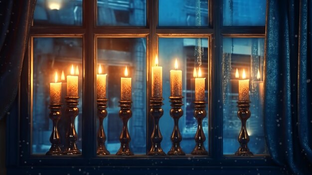 Foto illustratie van een menorah met kaarsen en sterren op blauw generatief ai