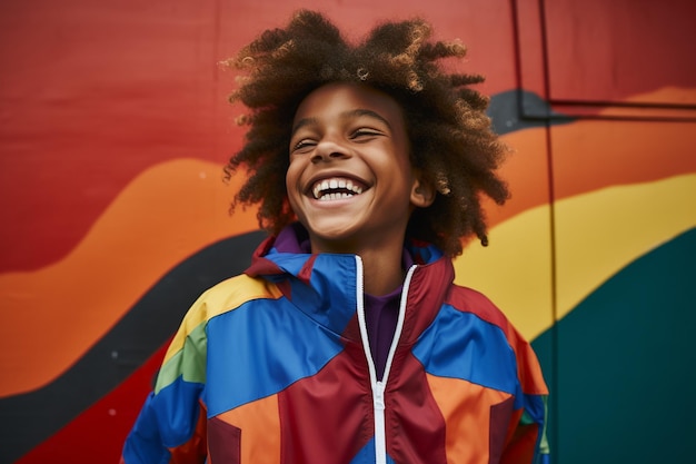 illustratie van een modejongen in een regenboogjasje glimlachend voor de camera poseert op een regenboogachtergrond