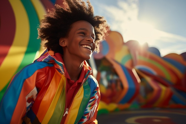 illustratie van een modejongen in een regenboogjasje glimlachend voor de camera poseert op een regenboogachtergrond