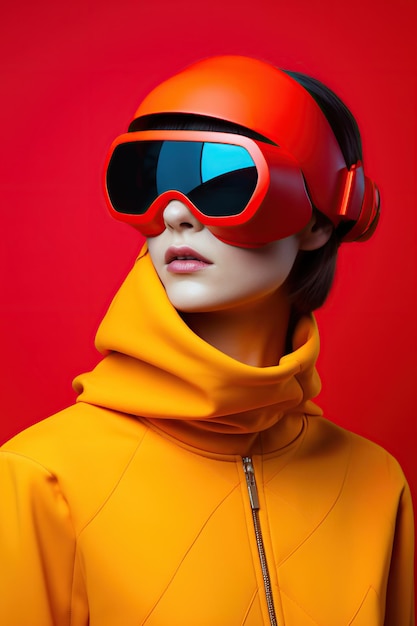 Illustratie van een modeportret met een virtual reality VR-headset, gemaakt als een generatief kunstwerk met behulp van AI