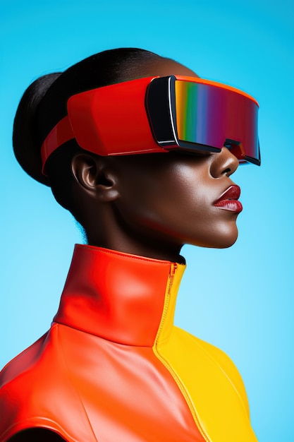 Illustratie van een modeportret met een virtual reality VR-headset, gemaakt als een generatief kunstwerk met behulp van AI