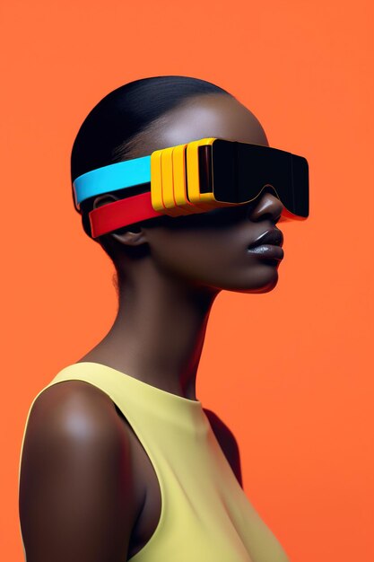 Illustratie van een modeportret met een virtual reality VR-headset, gemaakt als een generatief kunstwerk met behulp van AI