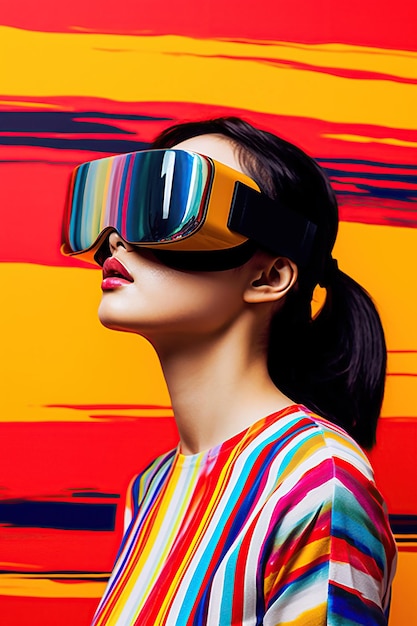 Illustratie van een modeportret met een virtual reality VR-headset, gemaakt als een generatief kunstwerk met behulp van AI