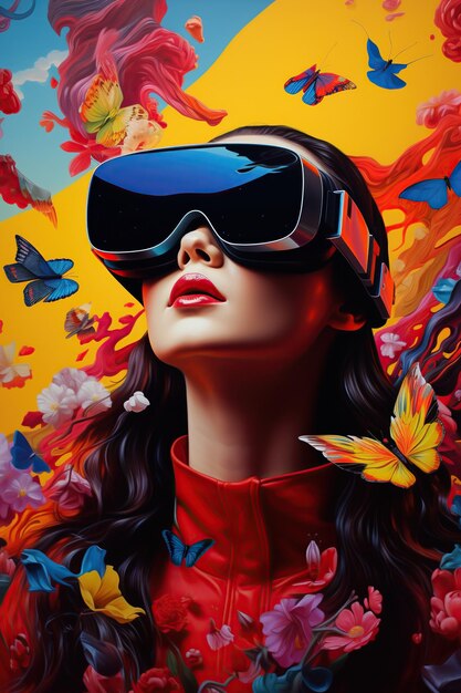 Illustratie van een modeportret met een virtual reality VR-headset, gemaakt als een generatief kunstwerk met behulp van AI