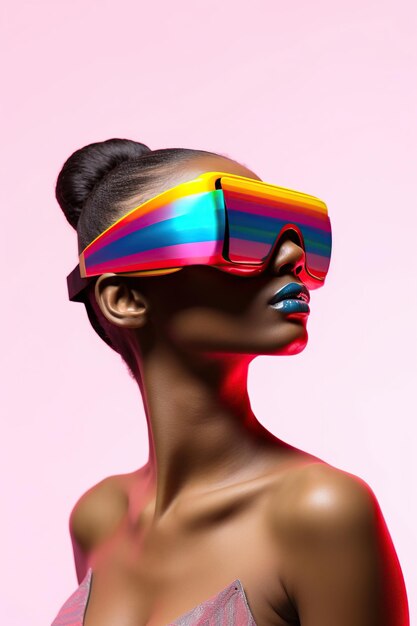 Illustratie van een modeportret met een virtual reality VR-headset, gemaakt als een generatief kunstwerk met behulp van AI