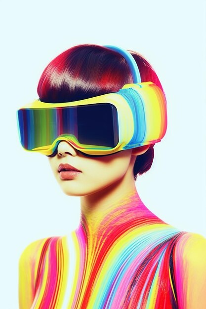 Illustratie van een modeportret met een virtual reality VR-headset, gemaakt als een generatief kunstwerk met behulp van AI