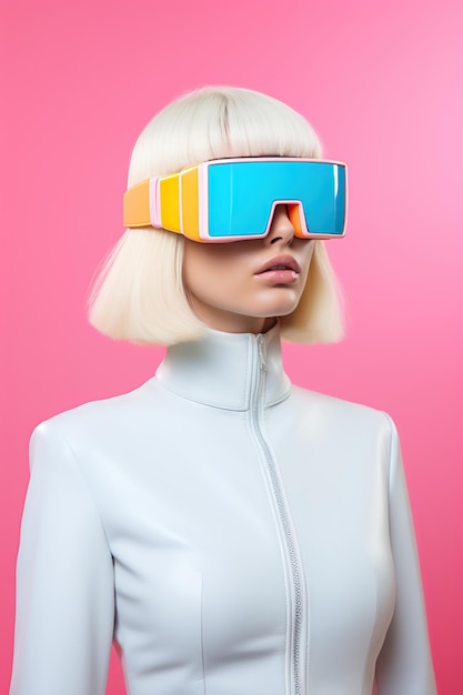 Illustratie van een modeportret met een virtual reality VR-headset, gemaakt als een generatief kunstwerk met behulp van AI