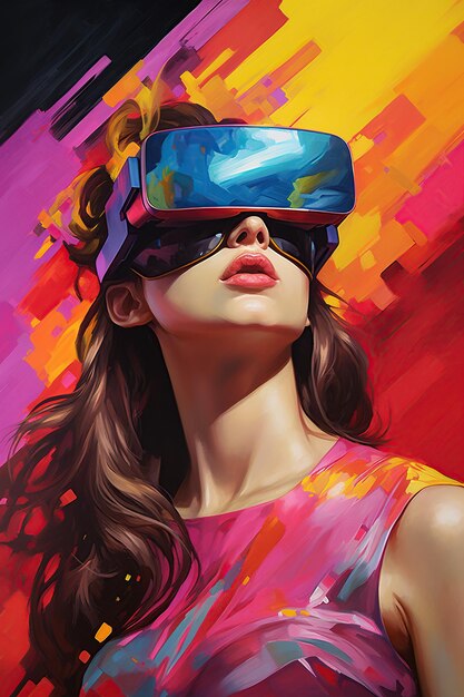 Illustratie van een modeportret met een virtual reality VR-headset gemaakt als een generatief kunstwerk met behulp van AI