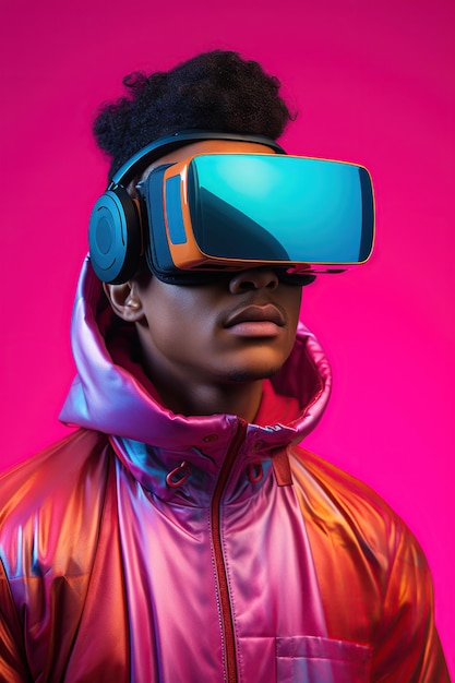 Illustratie van een modeportret met een virtual reality VR-headset gemaakt als een generatief kunstwerk met behulp van AI