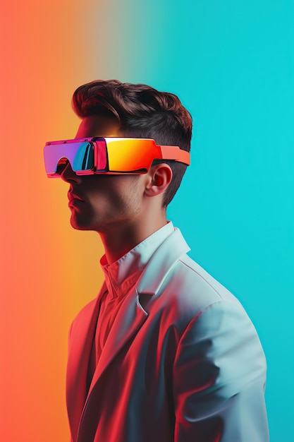 Illustratie van een modeportret met een virtual reality VR-headset gemaakt als een generatief kunstwerk met behulp van AI