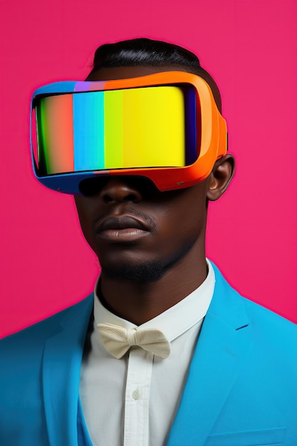 Illustratie van een modeportret met een virtual reality VR-headset gemaakt als een generatief kunstwerk met behulp van AI