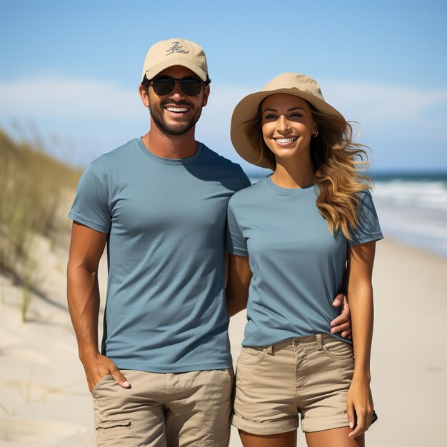 Illustratie van een modeportret van een echtpaar met een gewone T-shirt mockup gegenereerd door AI