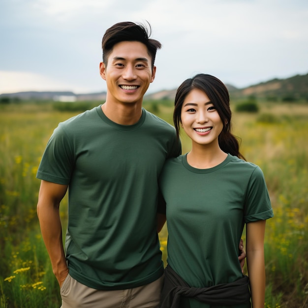 Illustratie van een modeportret van een echtpaar met een gewone T-shirt mockup gegenereerd door AI