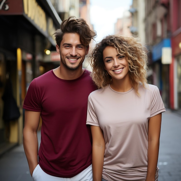 Illustratie van een modeportret van een echtpaar met een gewone T-shirt mockup gegenereerd door AI