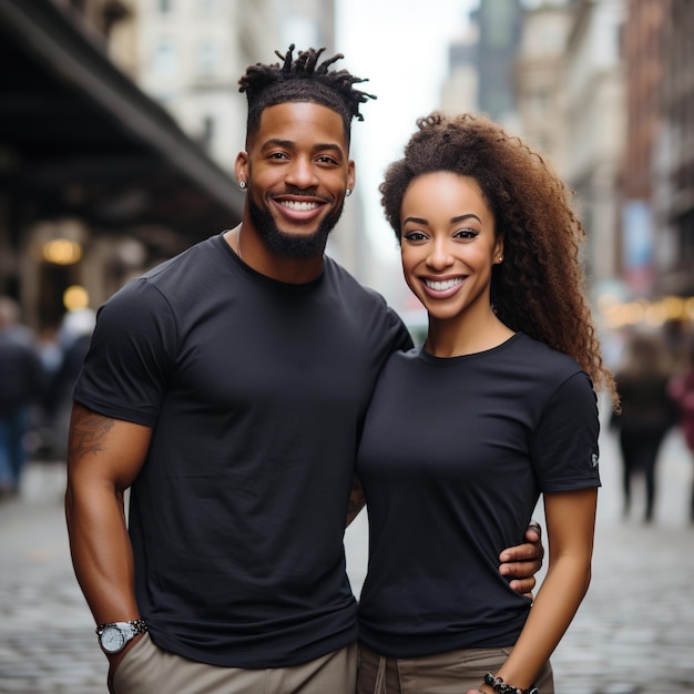 Illustratie van een modeportret van een echtpaar met een gewone T-shirt mockup gegenereerd door AI