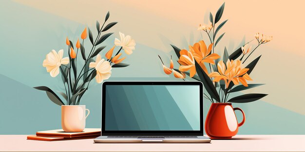 Foto illustratie van een moderne laptop op een slank bureau met een decoratieve vaas met bloemen