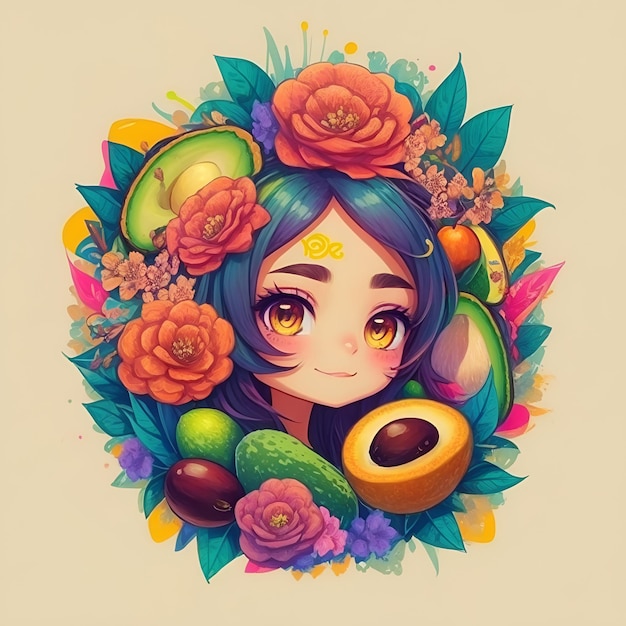 Illustratie van een mooi meisje in een rond ontwerp met een fruitframe