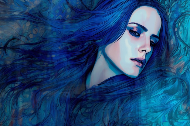Illustratie van een mooi meisje met blauw haar Schoonheidsmanier