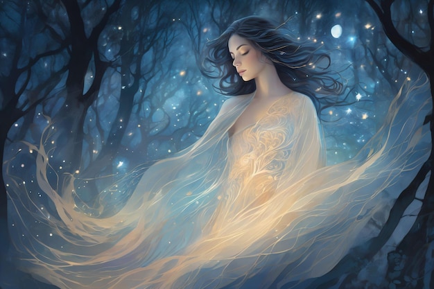 Illustratie van een mooie vrouw gevormd door etherische vloeistoffen fantasy concept art