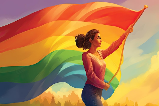 Illustratie van een mooie vrouw met een regenboogvlag in haar hand