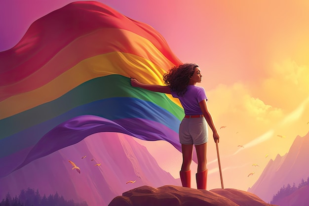 Illustratie van een mooie vrouw met een regenboogvlag in haar hand
