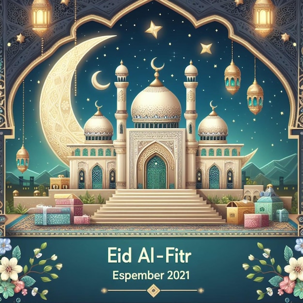 illustratie van een moskee versierd met de maan en sterren en Ramadan ornamenten met de tekst feliciteren