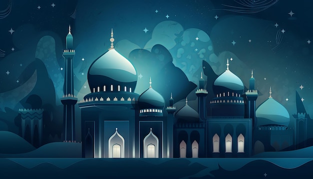 Illustratie van een moskeesterren en een Eid Mubarak-groet die de viering van het geloof vertegenwoordigt tijdens Ramadan en Eid Generative ai