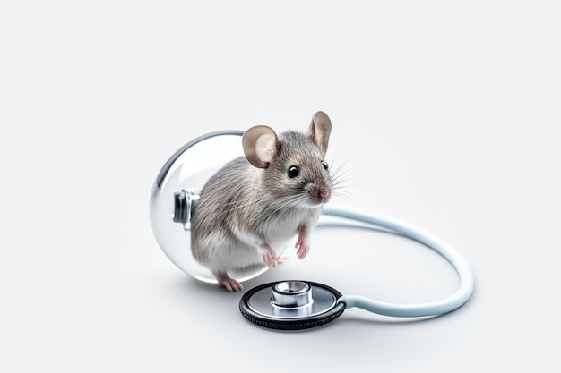 illustratie van een muis met stethoscoop op transparante witte achtergrond