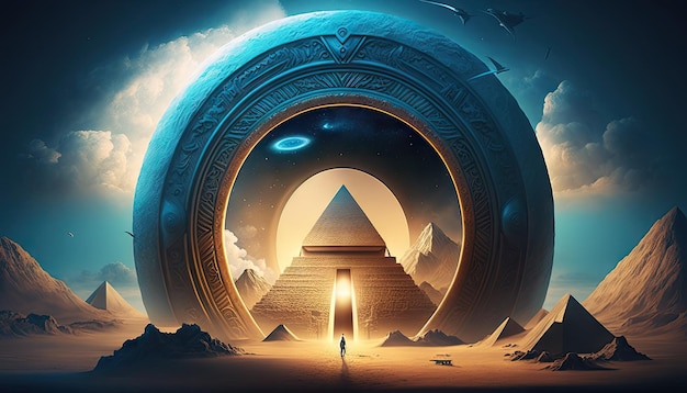 Foto illustratie van een mysterieus portaal met een oude buitenaardse piramide